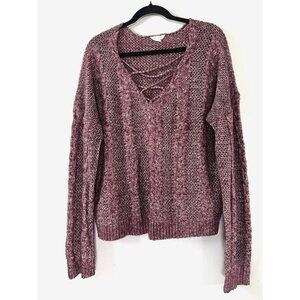 Aeropostale XL Burgundy Marled Corset V-Neck Cable Knit Sweater Y2K Soft Grunge